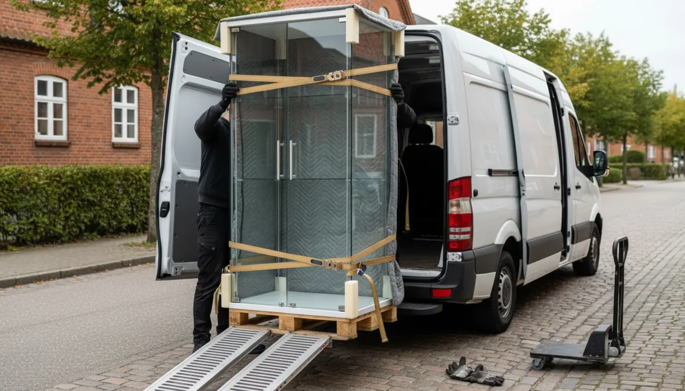 Et samlet vitrineskab med glassider læsset i en varevogn og sikret med tæpper og stropper under afhentning.