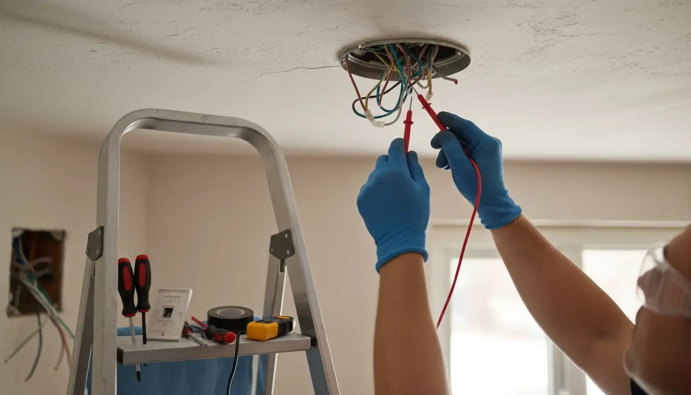 Nærbillede af hænder med multimeter, der tester ledninger i et åbent loftsudtag med afmonteret lampe.