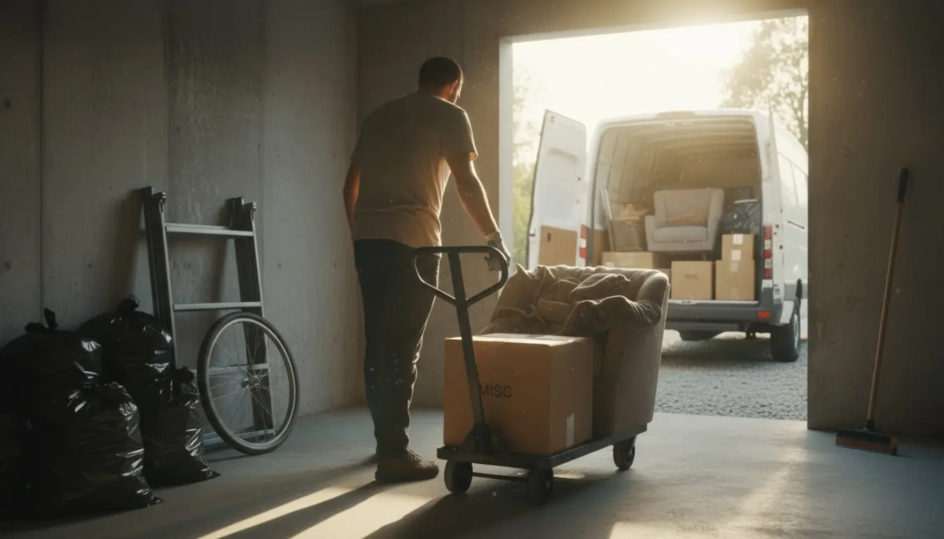 En person læsser kasser og sække fra et kælderrum ind i en varevogn ved dagslys.