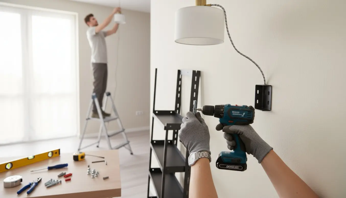 Hænder skruer en lille metalreol fast i væggen, mens en lampe hænges op på en krog i loftet.