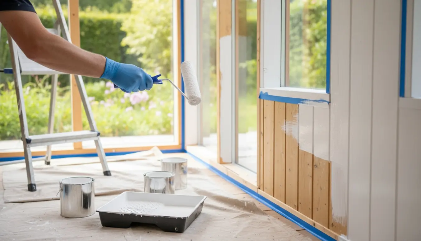 Soloplyst udestue under maling med en malerulle, malerbøtte og delvist malede hvide vægge og træværk.