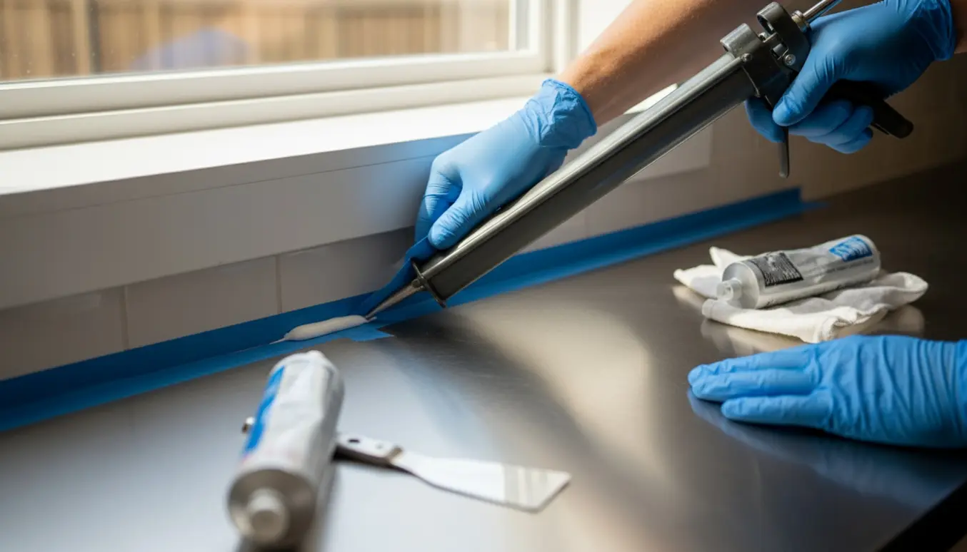 Nærbillede af hænder, der fuge langs en rustfri køkkenbordplade under en vindueskarm med fugepistol og værktøj.