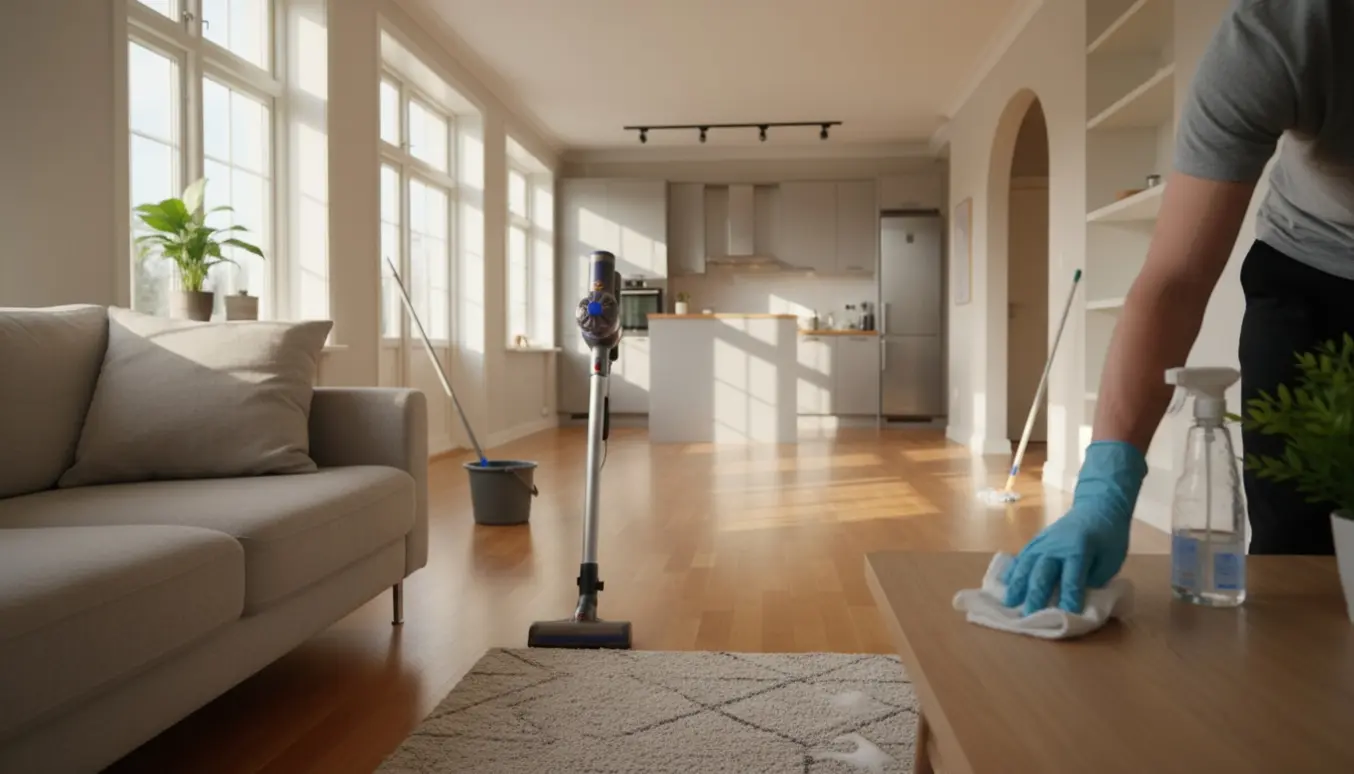 Hænder iført gummihandsker rengør et lyst villaværelse med støvsuger, klud og spand i naturligt sollys.