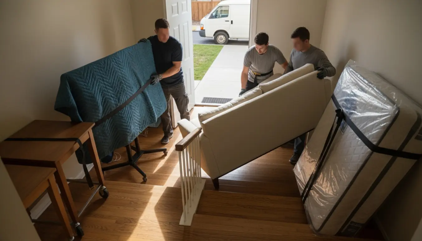 Flyttefolk og ejer bærer en sofa og indpakkede møbler ned ad en trappe mod en ventende varevogn.