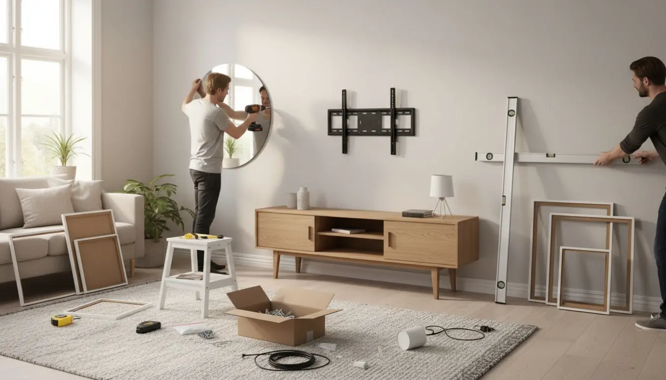 Hænder monterer et TV, et spejl og billeder på en lys skandinavisk væg med værktøj og vaterpas synligt.