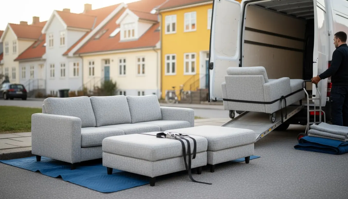 Tre-delt sofa på flyttetæpper ved en varevogn ved kantstenen, klar til at blive læsset.