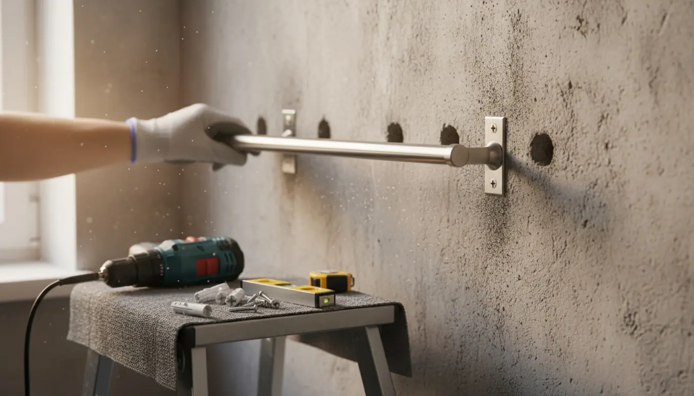 Nærbillede af opsætning af gardinstang på en betonvæg med borehuller, plastankre og værktøj.