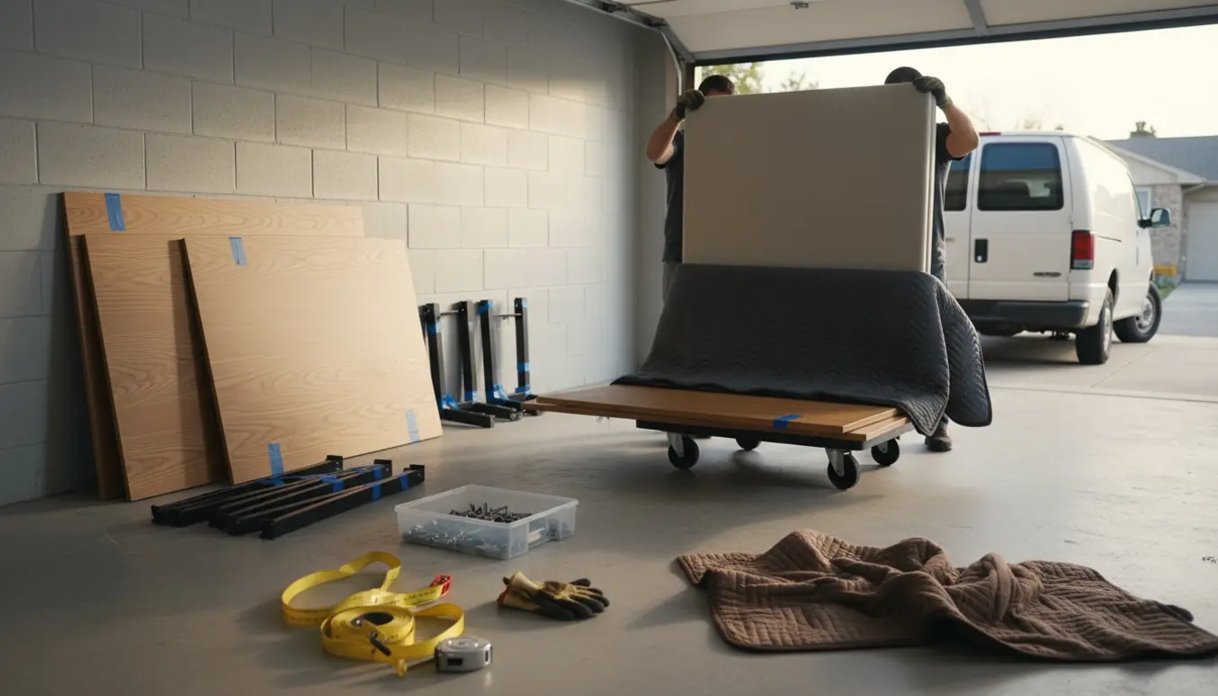 Rumdeler og adskilt dobbeltskrivebord pakket i en garage klar til flytning.