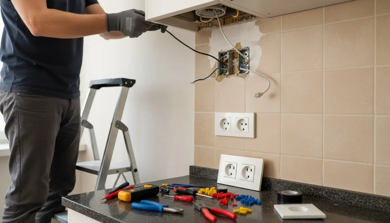 Hænder fjerner gamle køkkendåser og ledninger, mens en standardstikkontakt og ventilatorens strømtilslutning vises.