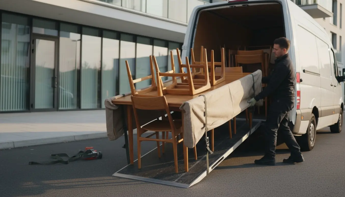 To flyttefolk bærer et langt teakbord og beskyttede stole op i en flyttebil.