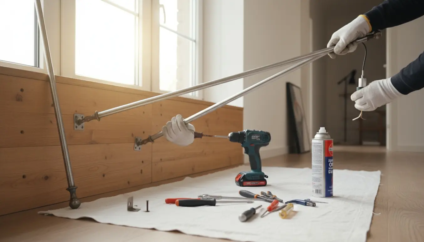 Hænder afmonterer to lange gardinstænger fra træplader under et vindue og tager en lille entrelampe ned.