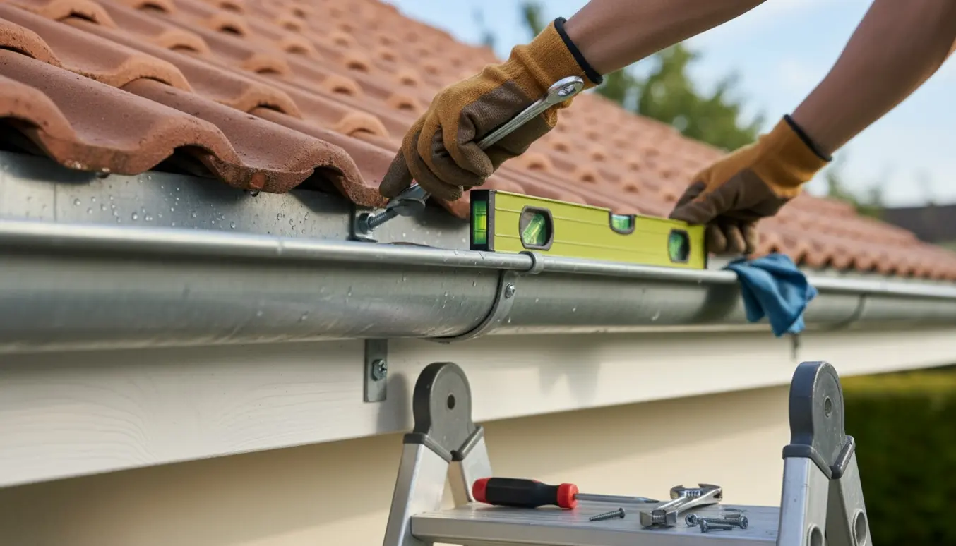 Nærbillede af en person på stige, der justerer en zink-tagrende med vaterpas og værktøj mens vand samler sig i den ene ende.