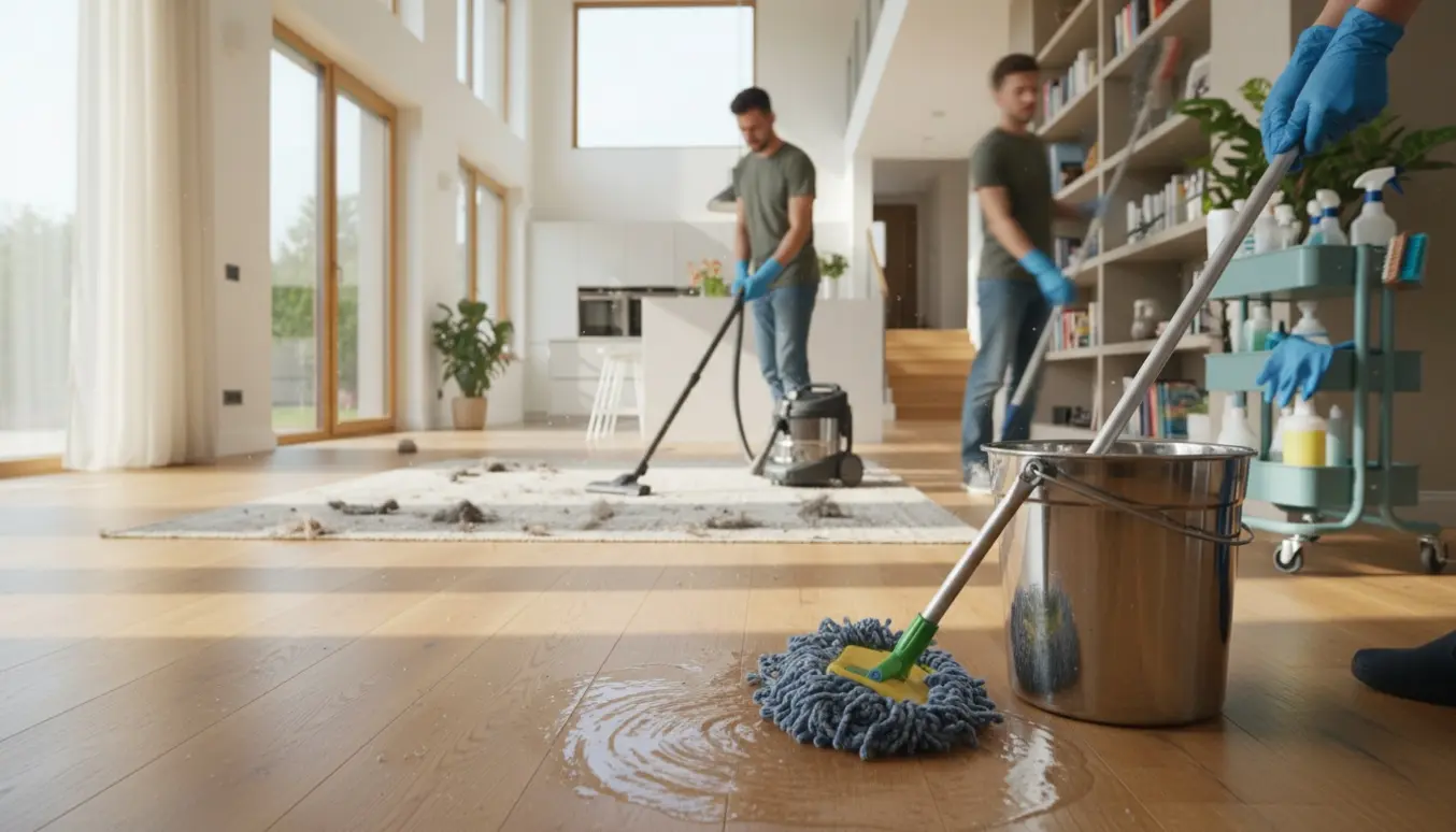 Hovedrengøring i en lys villa med støvsugning, gulvvask og aftørring.