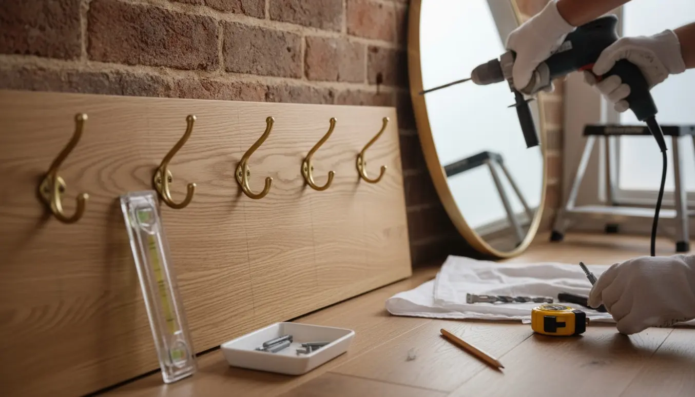 Værktøj og hænder monterer messingknager på et træpanel og forbereder et rundt spejl på en murstensvæg i entréen.