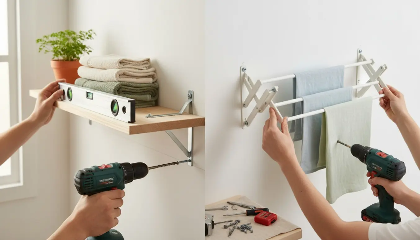 Nærbillede af hænder, der monterer en væghylde og et foldbart tørrestativ i et lyst hjem.