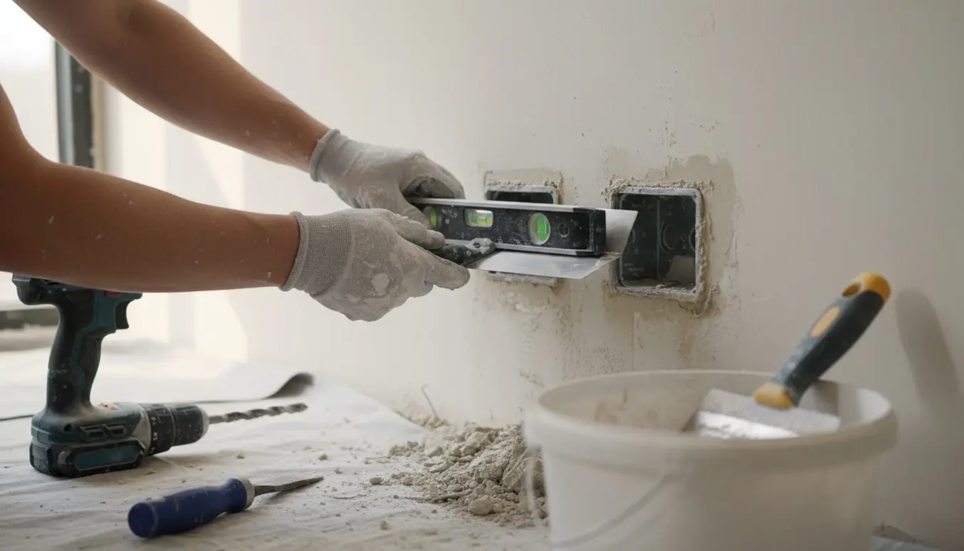 To stikkontakter indmuret i en indendørs væg med håndværkerens værktøj i forgrunden.