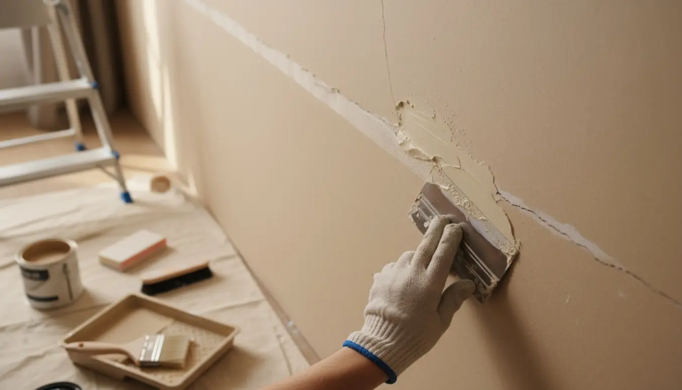 Nærbillede af hænder, der reparerer en revne på omkring en meter i en fibergips skillevæg med spartel, glasfibermesh og overskydende maling ved siden af.