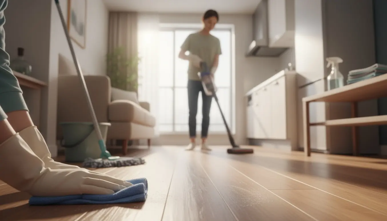 Hænder støvsuger, vasker gulv og tørrer lister i en lys, kompakt lejlighed.