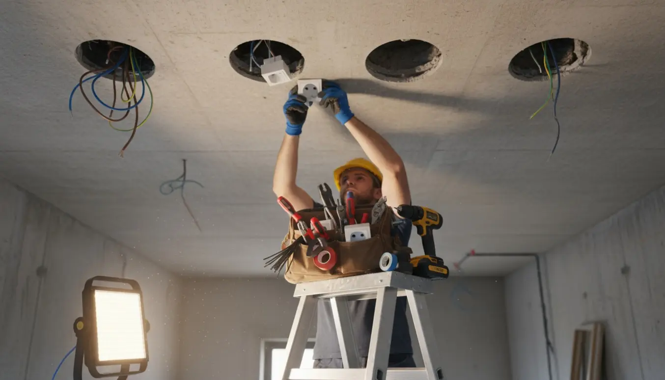 Hænder på en stige udskifter fire el-udtag i et råt betonloft med værktøj omkring.