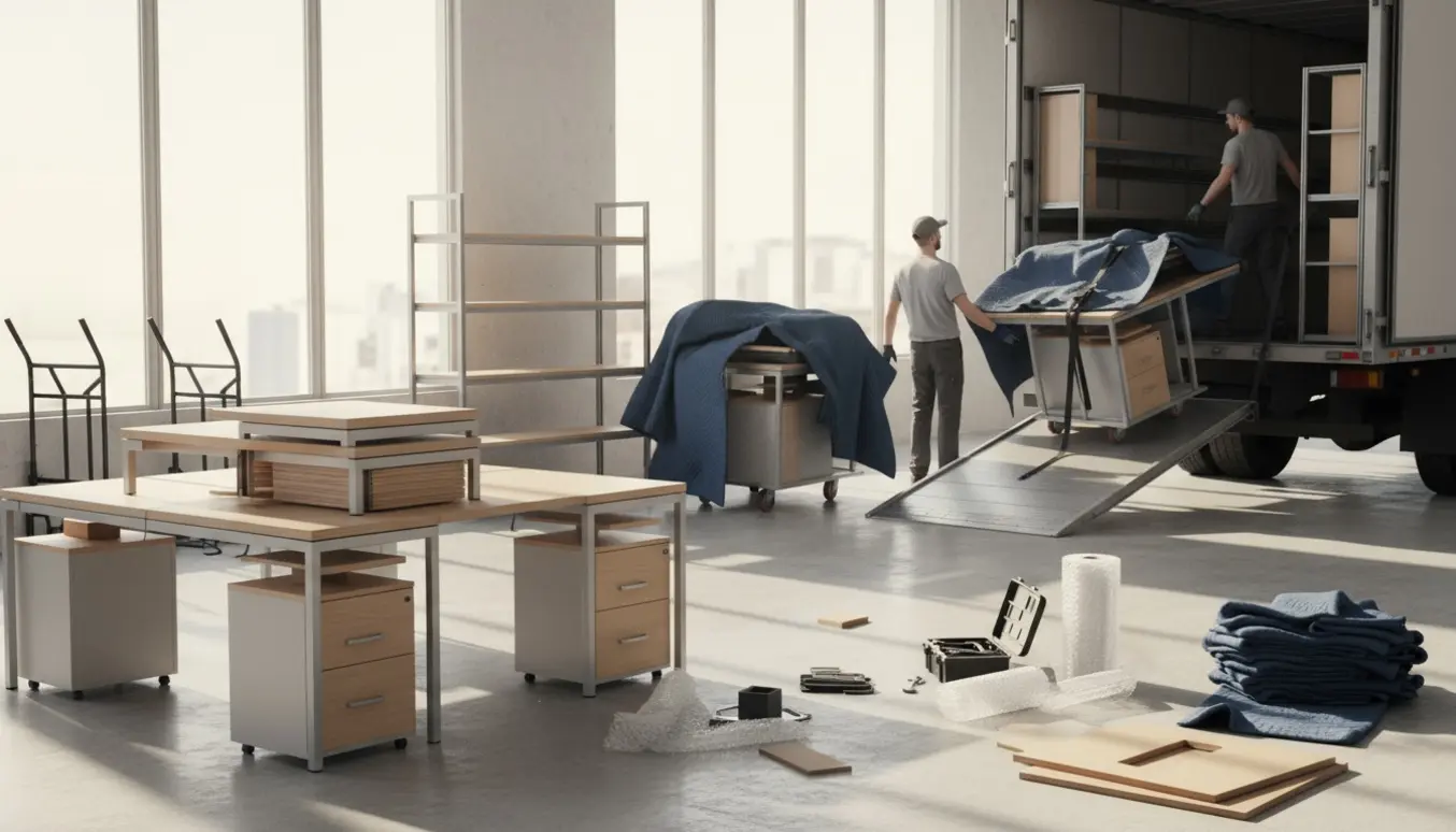 Flyttefolk læsser cirka 11 kontorborde og et par reoler ind i en flyttebil fra et lyst kontor, ansigter ikke synlige.