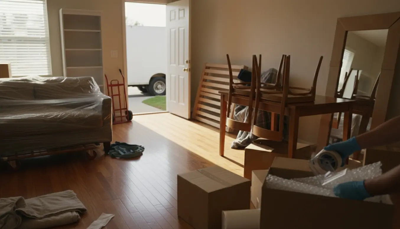 Soloplyst stue midt i flytning med møbler, flyttekasser og beskyttede genstande.