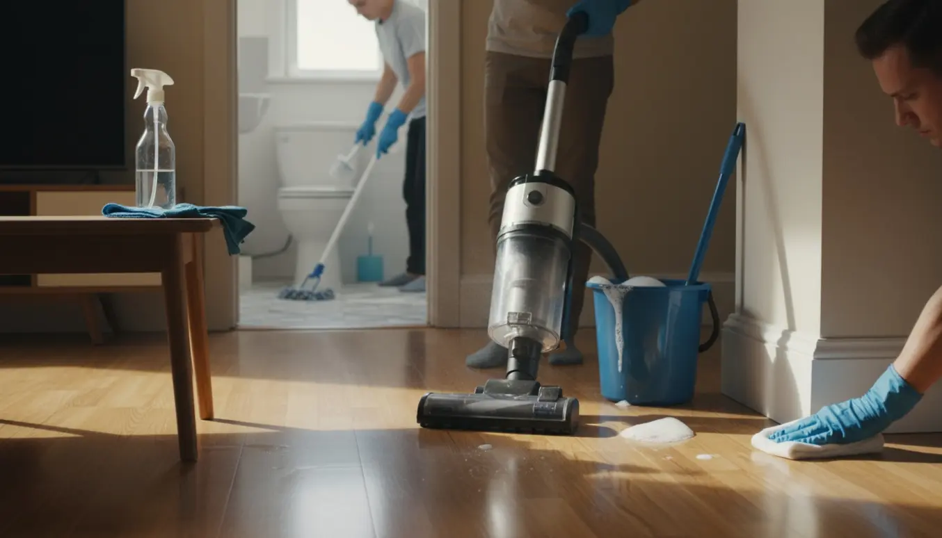 Soloplyst lejlighed med hænder, der støvsuger trægulv, vasker lister af og rengør badeværelsesgulvet.