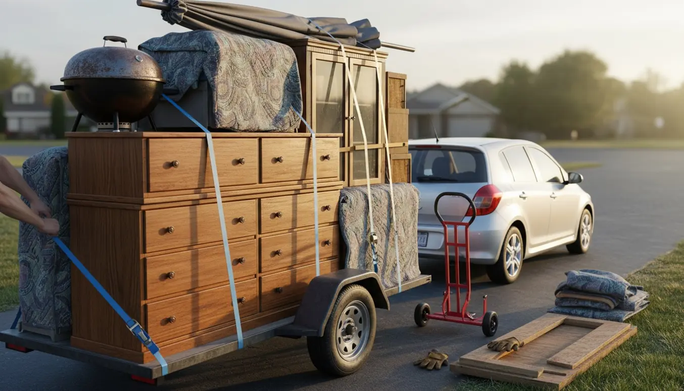 Lastet trailer med tunge, gamle trækommoder, et indpakket vitrineskab, en grill og en parasol klar til kørsel til genbrugspladsen.