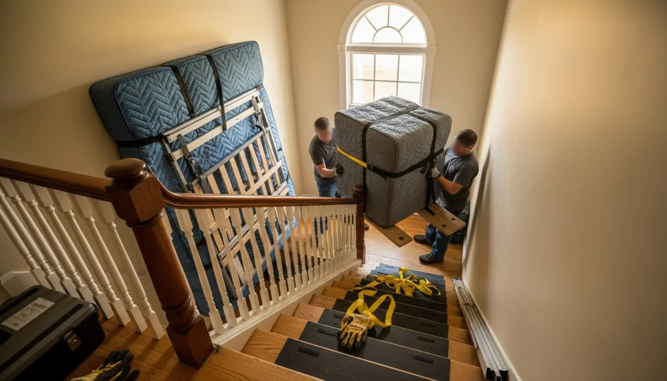 Flyttemænd manøvrerer et tungt pengeskab og en dobbeltseng op ad en meget stejl trappe.