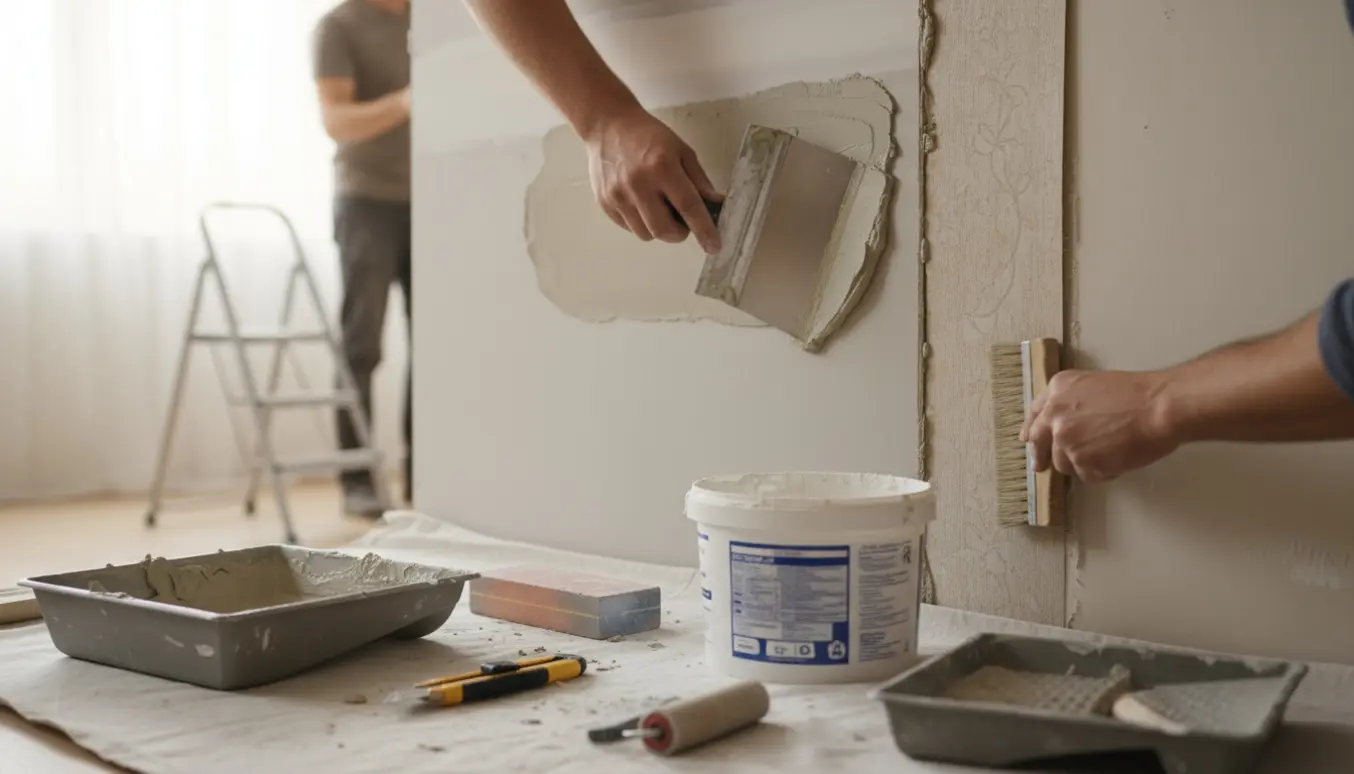 Hænder spartler et stort hul og sætter en tapetstribe op på en væg med værktøj på afdækningsdug.