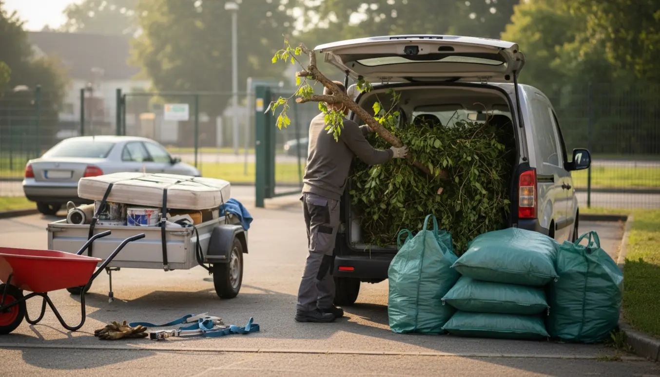 En varevogn lastes med løst haveaffald ved siden af en trailer med en seng, malerbøtter og småting foran en genbrugsstation.