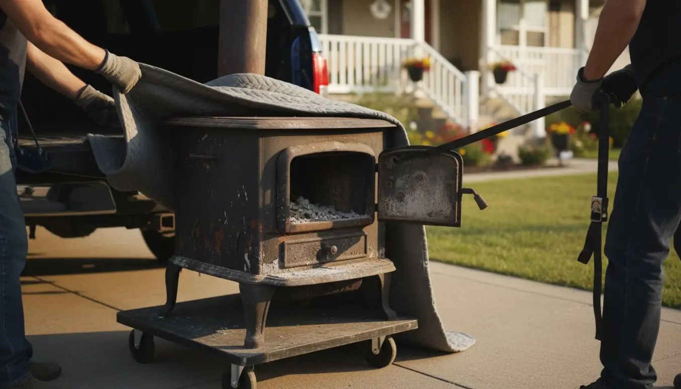 Gammel støbejernsbrændeovn løftes fra forhaven og lastes på en varevogn.