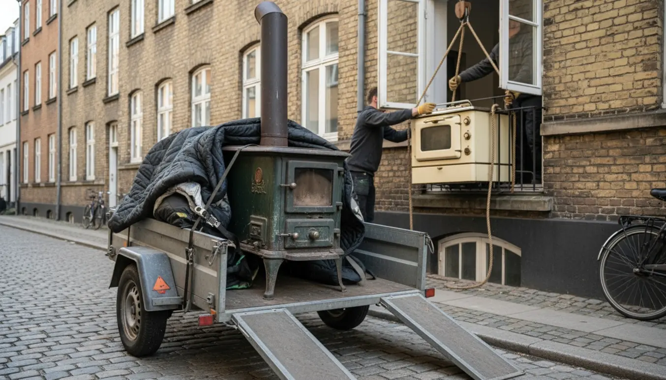 Gammel brændeovn og gasovn sænkes fra 2. sal ned på en trailer på en københavnsk gade med tæpper og stropper.