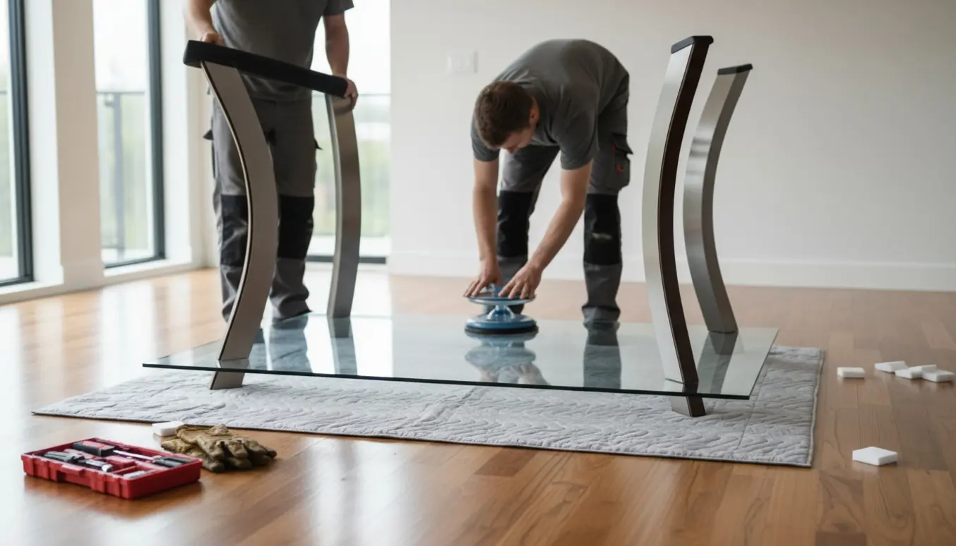 Et samlet glasspisebord ligger vendt med bordpladen nedad på en flyttemåtte, mens to personer med handsker forbereder at vende det.