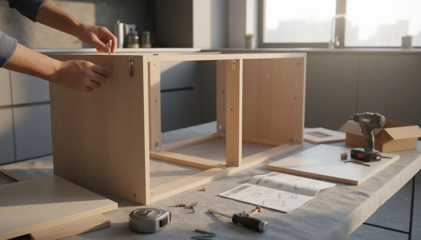 Hænder samler en fladpakket køkkenø i et lyst, moderne køkken med værktøj og dele spredt omkring.