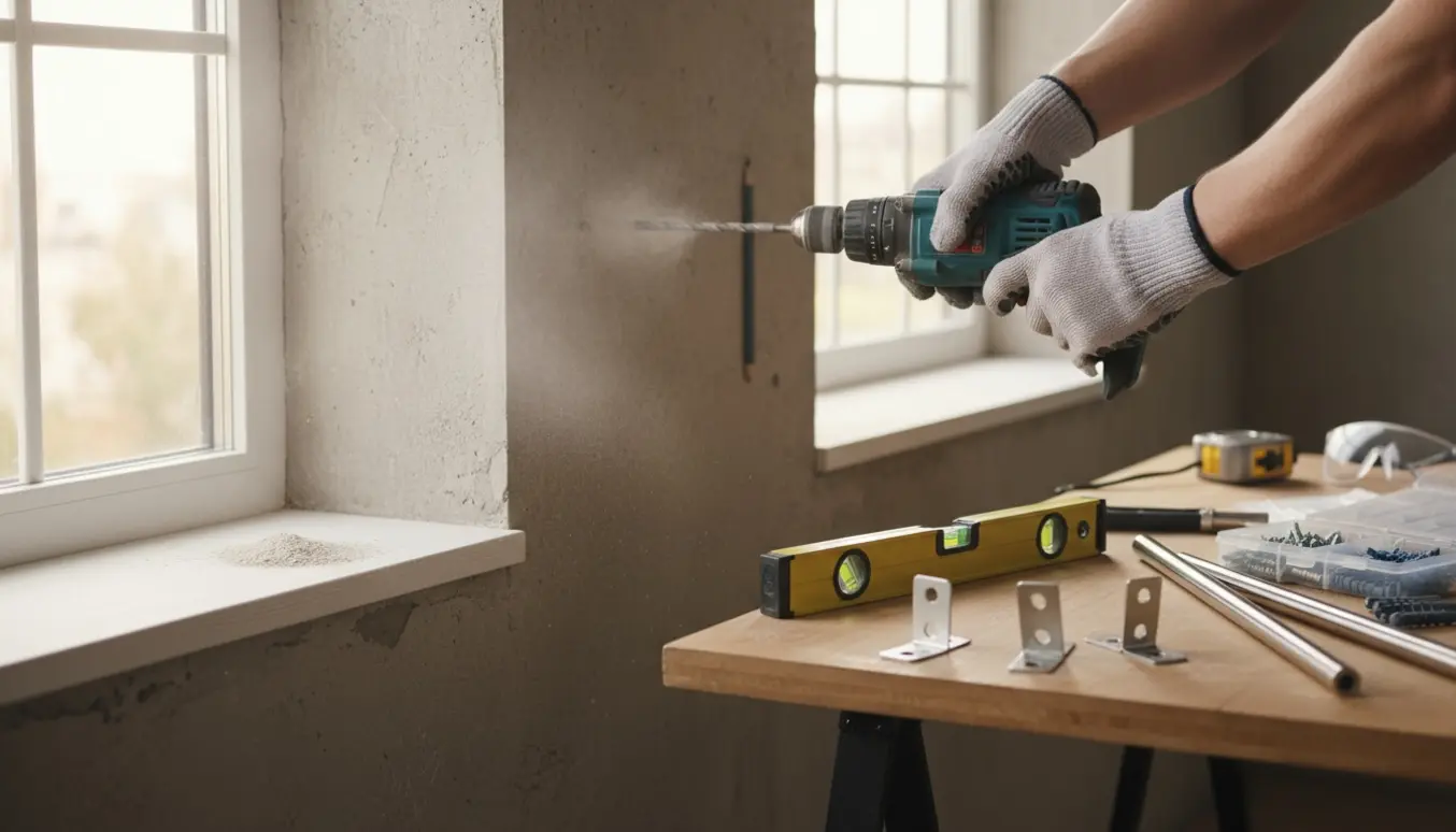 Nærbillede af montage af gardinstænger på cementvæg med slagboremaskine og beslag klar.