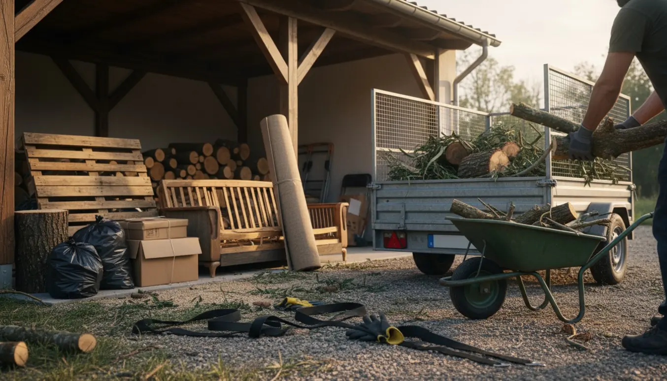 Glovede hænder læsser fældede træstammer og groft storskrald i en trailer bag en garage under et halvtag.