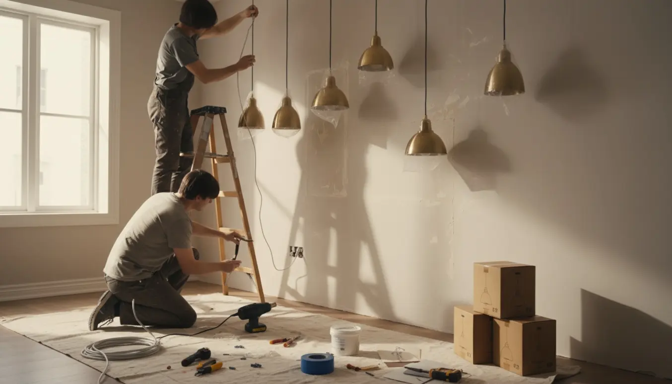 To personer fjerner limrester fra en væg og hænger nye lamper op i et lyst, velordnet rum.