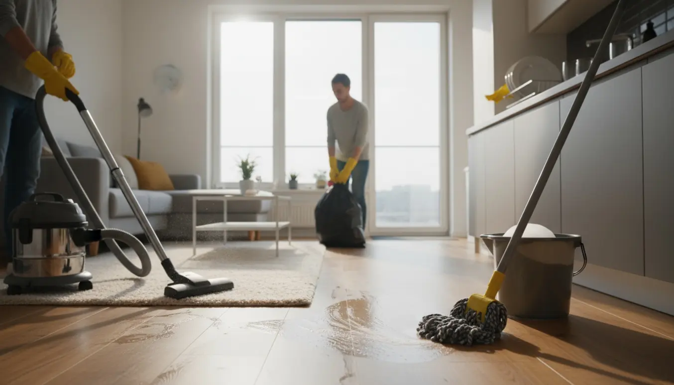 Lys lejlighed under rengøring med gulvvask, støvsugning, opvask og en fyldt skraldepose klar til at blive båret ud.