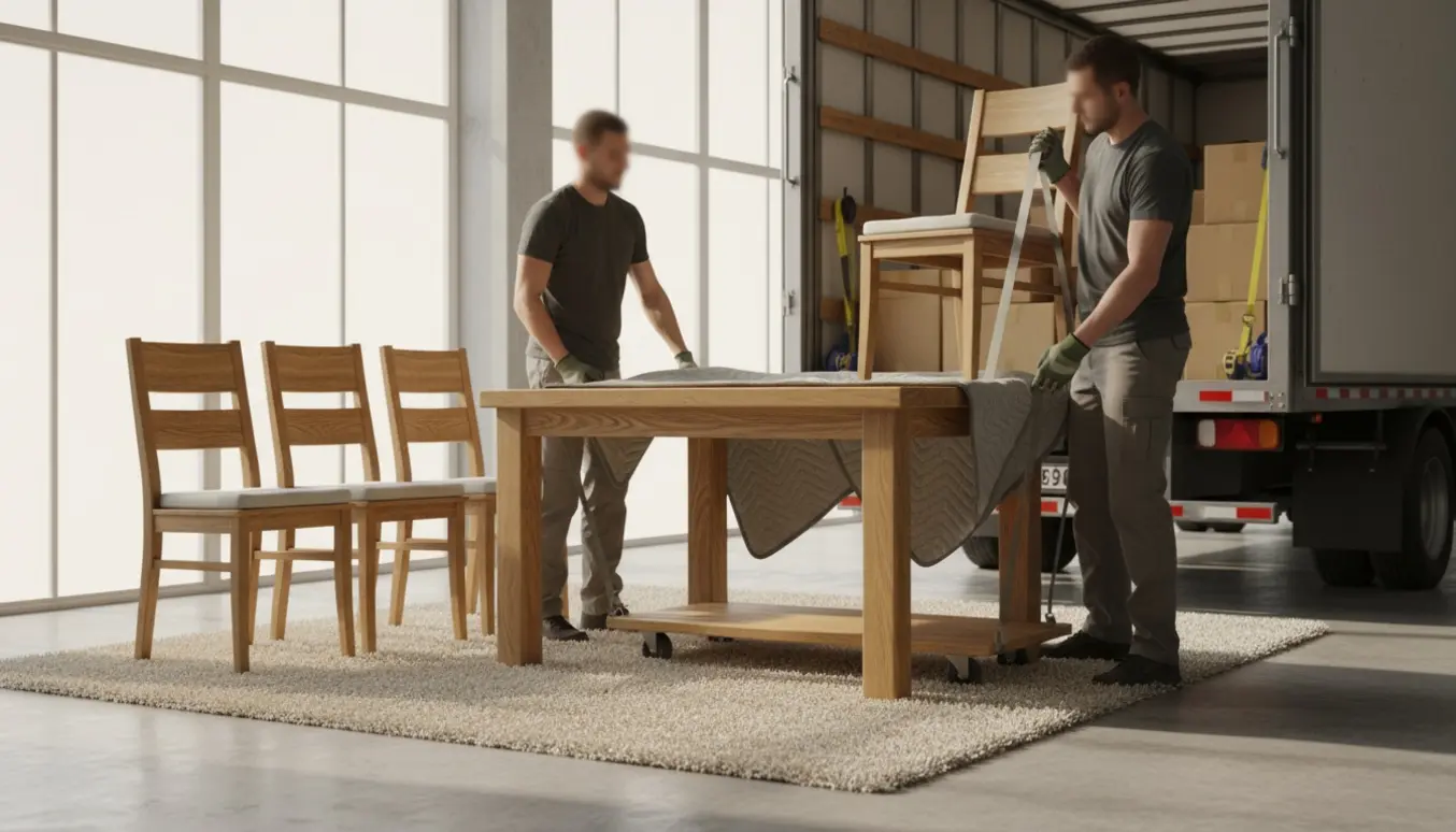 Egetræs spisebord og seks stole bliver forsigtigt flyttet ud af en lys lejlighed.