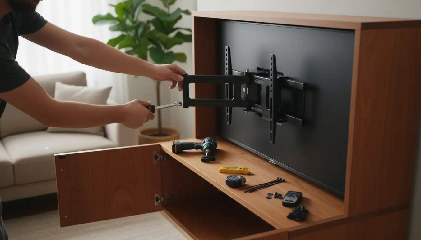 Hænder monterer en drejbar TV-arm gennem bagpanelet på et væghængt tv-møbel med værktøj og kabler ved siden af.
