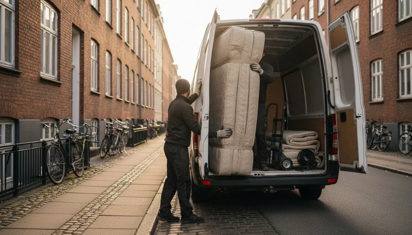 To personer løfter en boksmadras 140 x 200 cm ind i en hvid flyttevogn på en københavnsk boliggade.