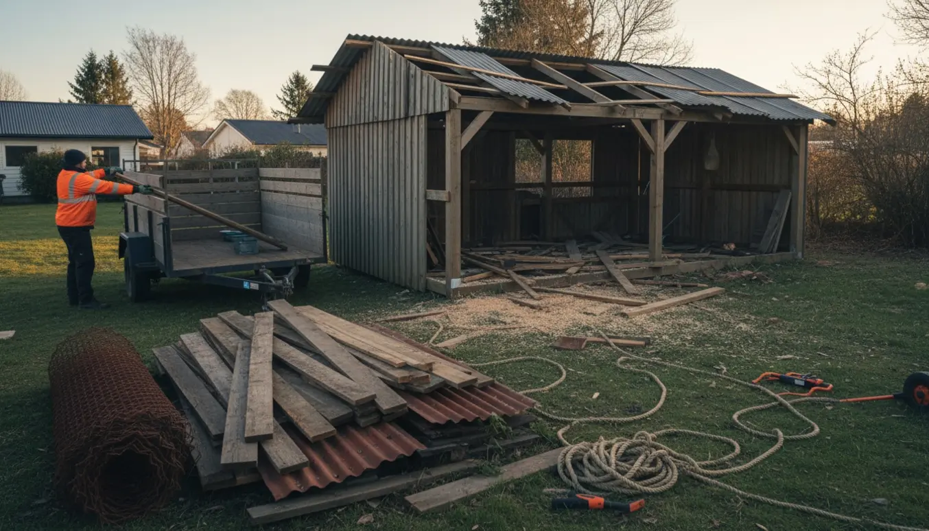 Delvist nedrevet brændeskur med gamle brædder og hegnsruller læsset på en trailer klar til bortkørsel.