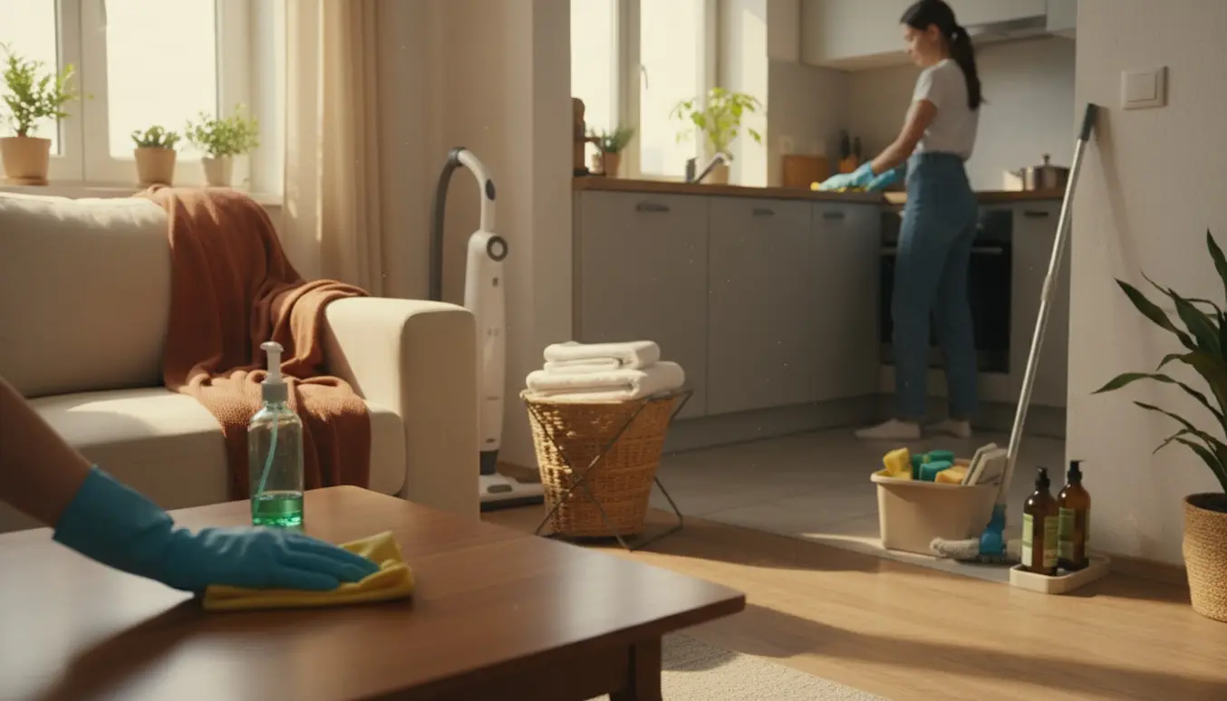 Hænder i handsker tørrer et sofabord i en lys lille lejlighed med rengøringsudstyr i baggrunden.