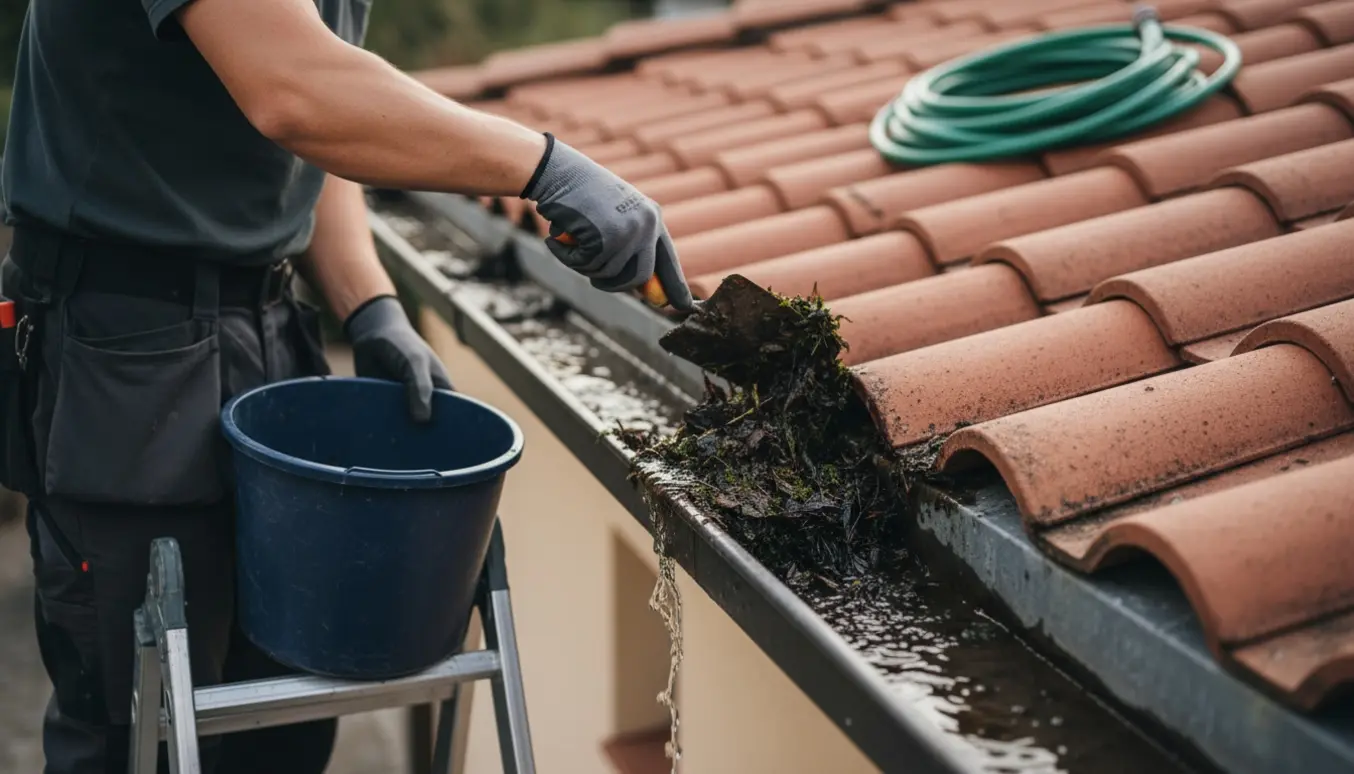 Person renser tilstoppet tagrende over en overdækket terrasse fra en stige, med handsker og spand.