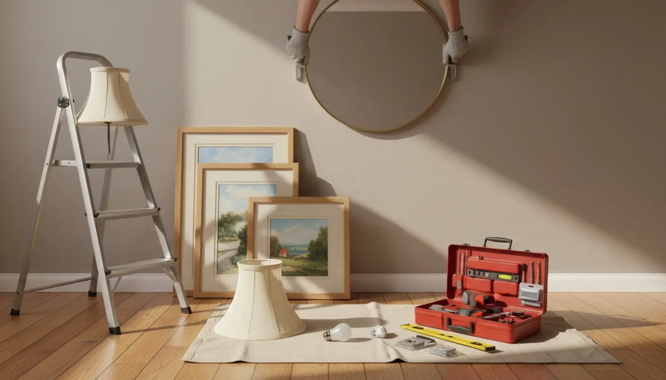 En hånd hænger et spejl op i en lys entré med to billeder, en ny lampeskærm og værktøj på gulvet.
