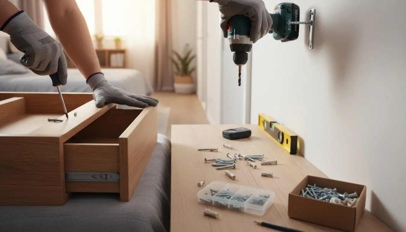 Nærbillede af hænder, der monterer et garderobestativ på væg og retter et forkert samlet skrivebord med værktøj.