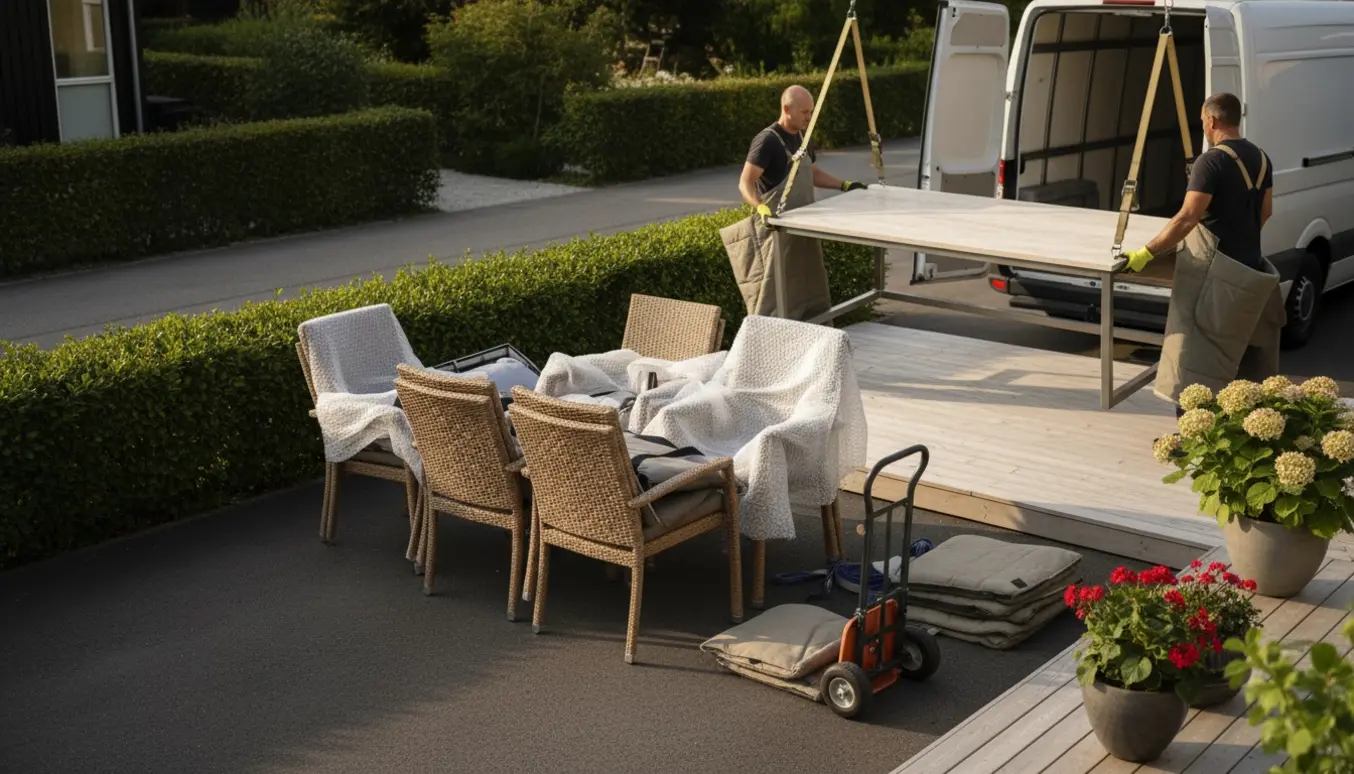 To personer løfter en tung travertin bordplade fra en varevogn op på en terrasse med 7 kurvestole pakket ved siden af.