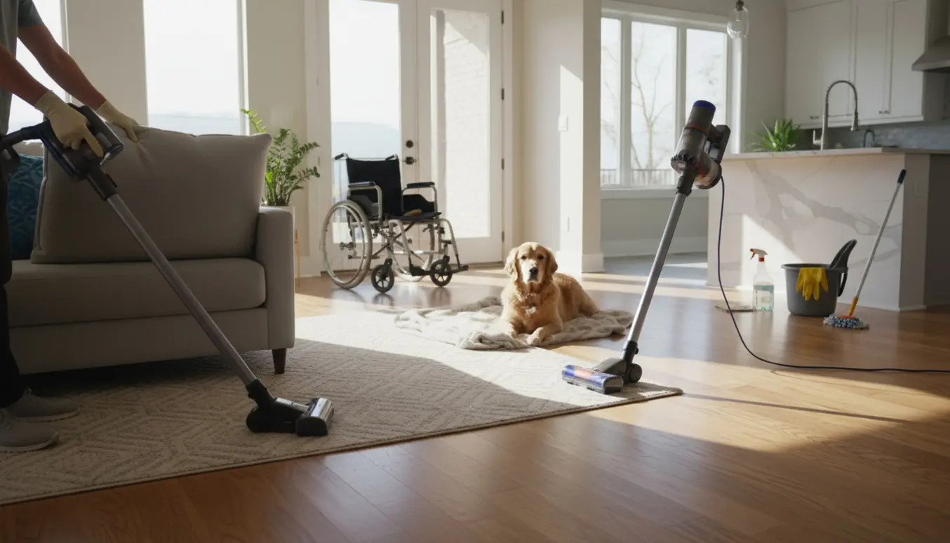 Lys stue med hands-aktiv støvsugning, kørestol i døråbning og en hund liggende på et rent tæppe.