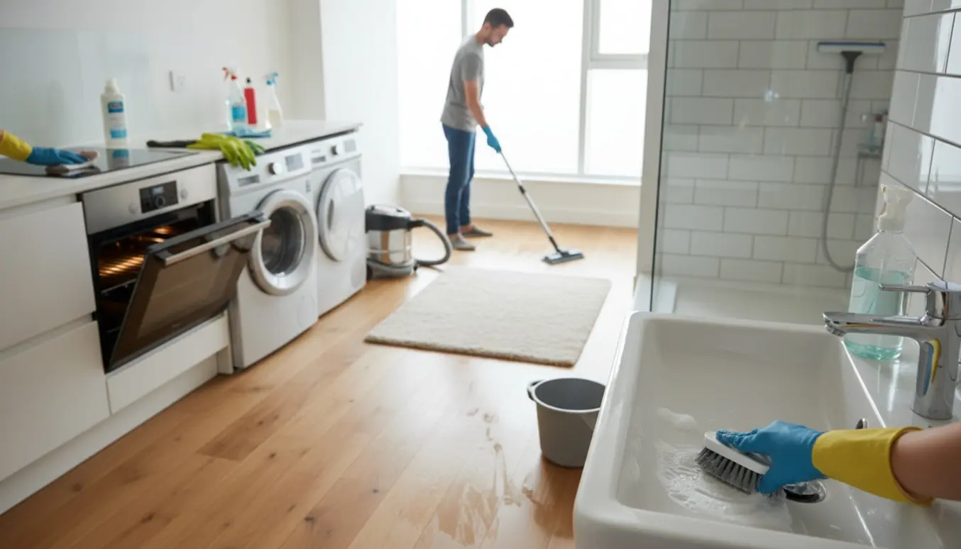 Rengøring i lys lejlighed med moppning, støvsuger, afkalket håndvask og åben ovn.