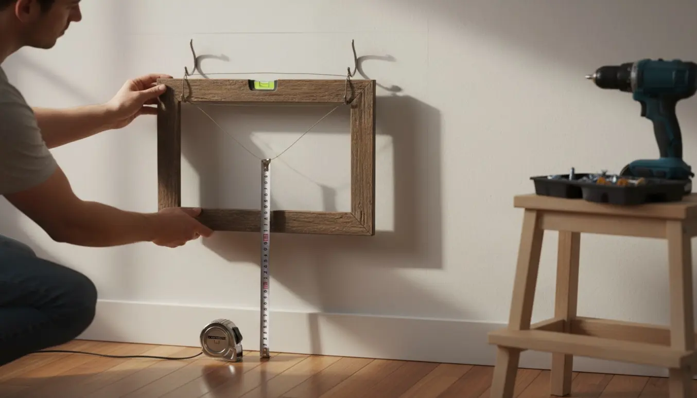 Hænger et enkelt indrammet billede op med to vægkroge ved hjælp af målebånd og vaterpas.